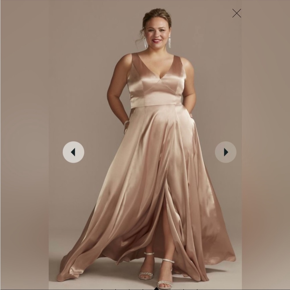 Galina signature David’s Bridal bridesmaid dress in sand color